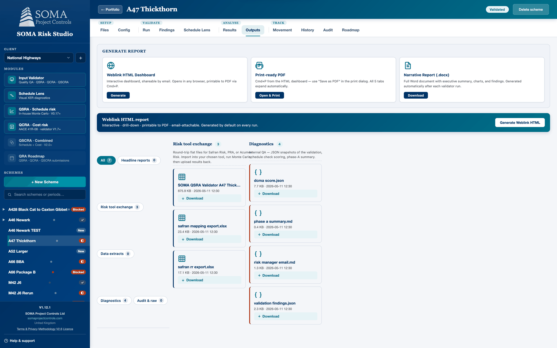 Outputs tab — every deliverable per scheme